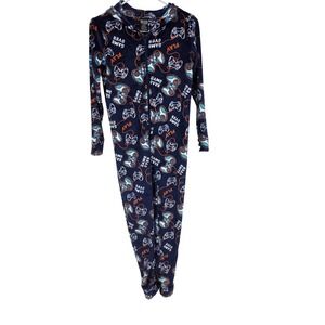 Quad Seven Kids Navy Blue Gamer Level Up Fleece Hooded Union Suit Pajamas 12/14